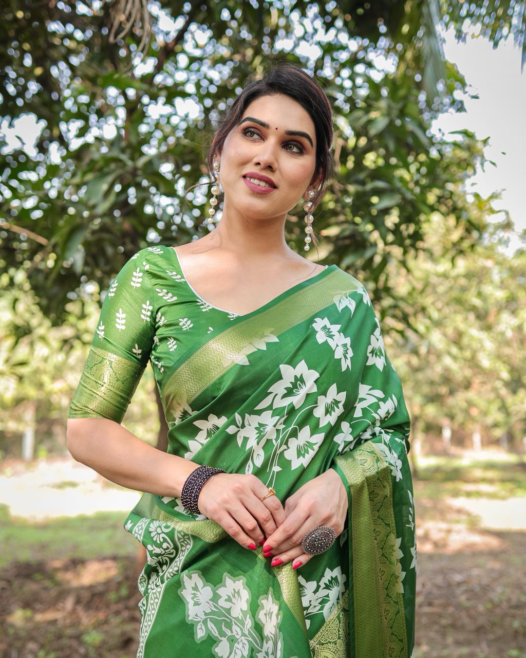 Pure Silk Digital Printed Parrot Green Saree with Brocade Blouse Colorful Saree