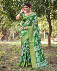 Pure Silk Digital Printed Parrot Green Saree with Brocade Blouse Colorful Saree