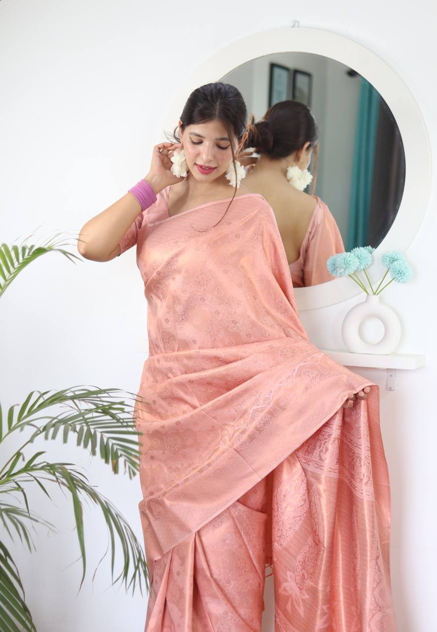 Pure Silk Digital Printed Peach Saree with Brocade Blouse Colorful Saree