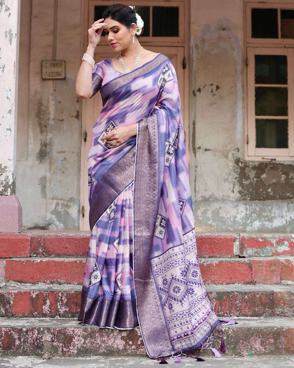 Pure Silk Digital Printed Pink & Blue Saree with Brocade Blouse Colorful Saree