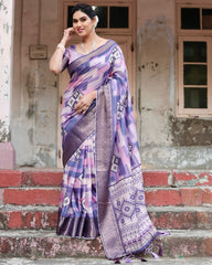 Pure Silk Digital Printed Pink & Blue Saree with Brocade Blouse Colorful Saree