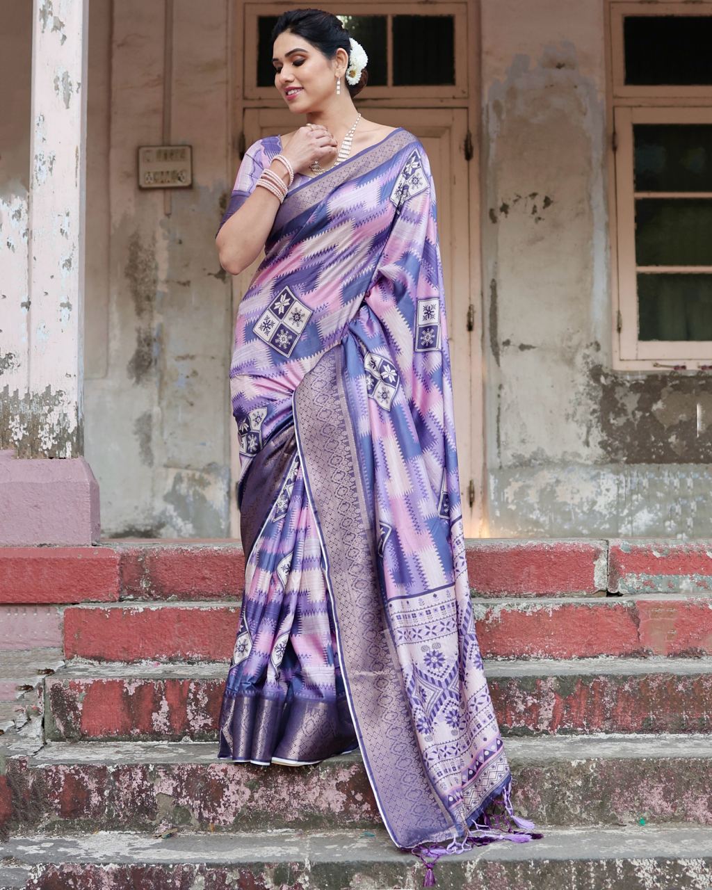 Pure Silk Digital Printed Pink & Blue Saree with Brocade Blouse Colorful Saree