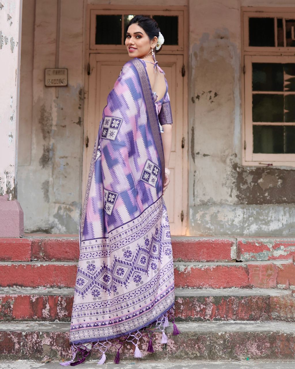 Pure Silk Digital Printed Pink & Blue Saree with Brocade Blouse Colorful Saree