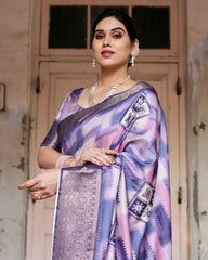 Pure Silk Digital Printed Pink & Blue Saree with Brocade Blouse Colorful Saree