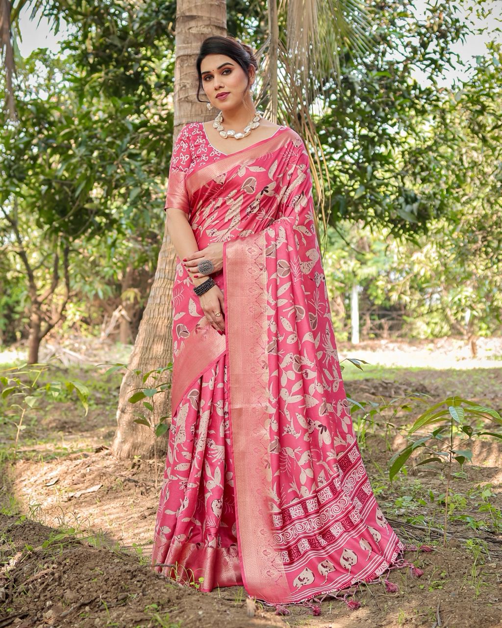 Pure Silk Digital Printed Pink Saree with Brocade Blouse Colorful Saree