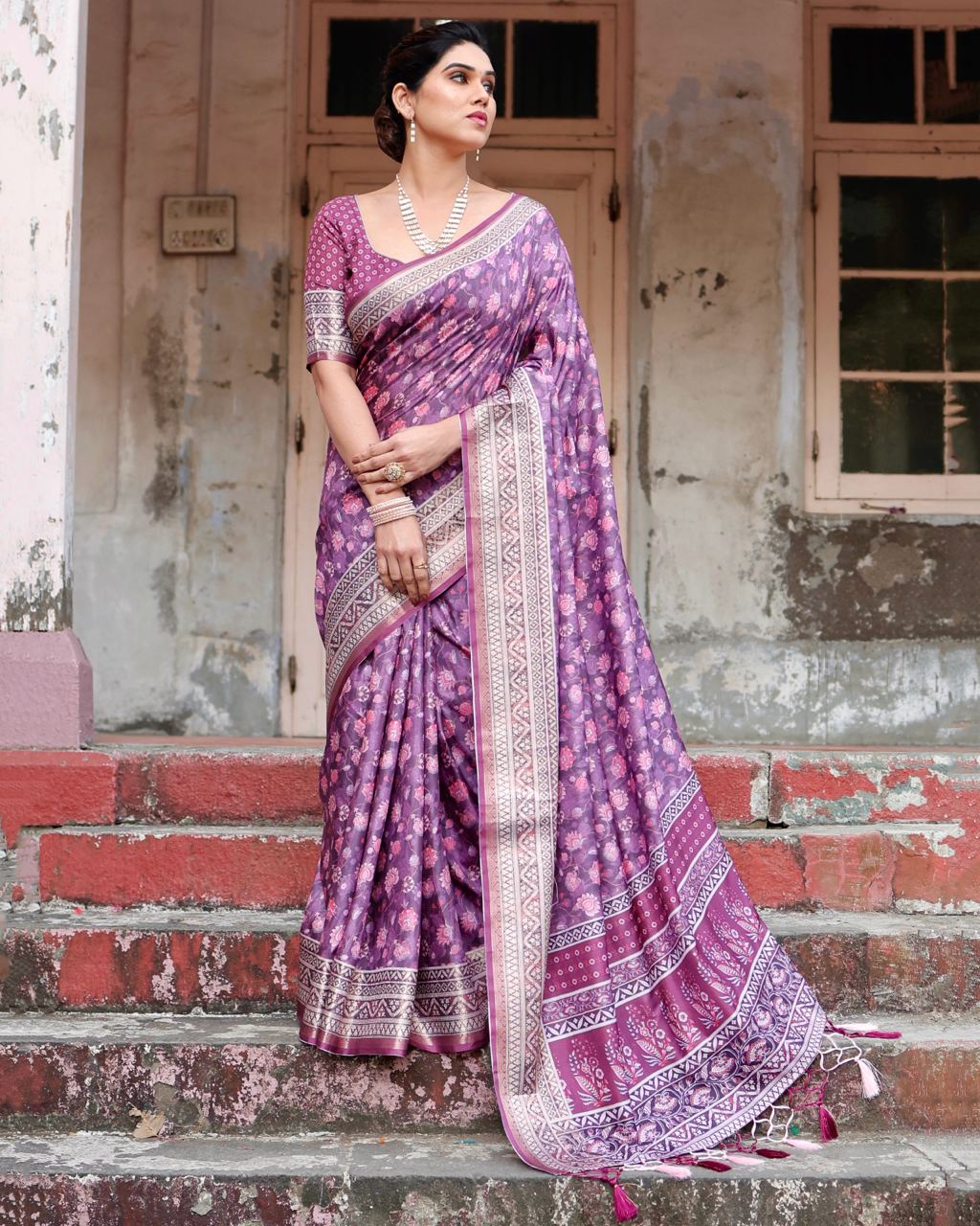 Pure Silk Digital Printed Pink Saree with Brocade Blouse Colorful Saree