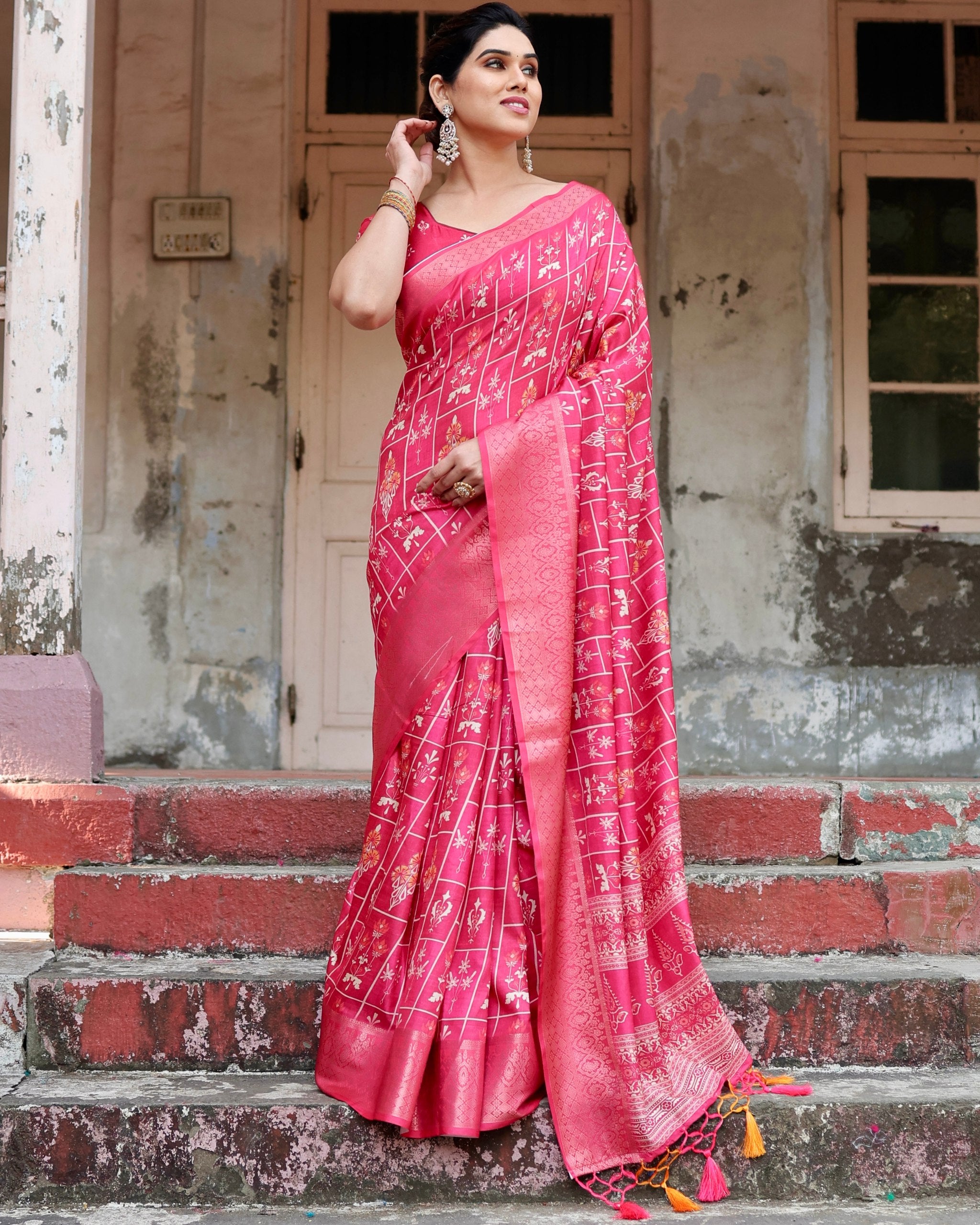 Pure Silk Digital Printed Pink Saree with Brocade Blouse Colorful Saree