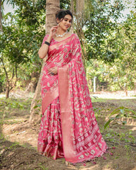 Pure Silk Digital Printed Pink Saree with Brocade Blouse Colorful Saree