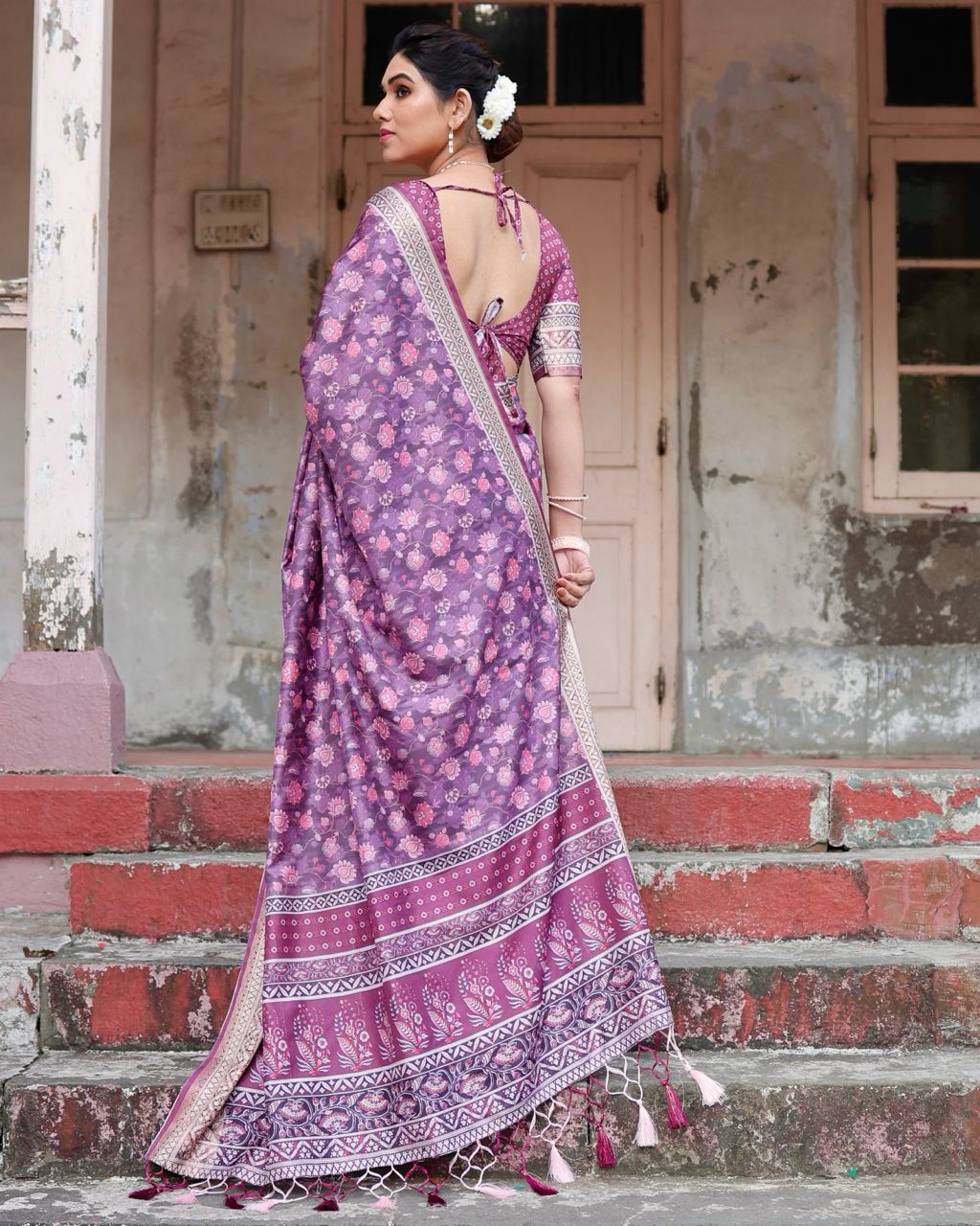 Pure Silk Digital Printed Pink Saree with Brocade Blouse Colorful Saree