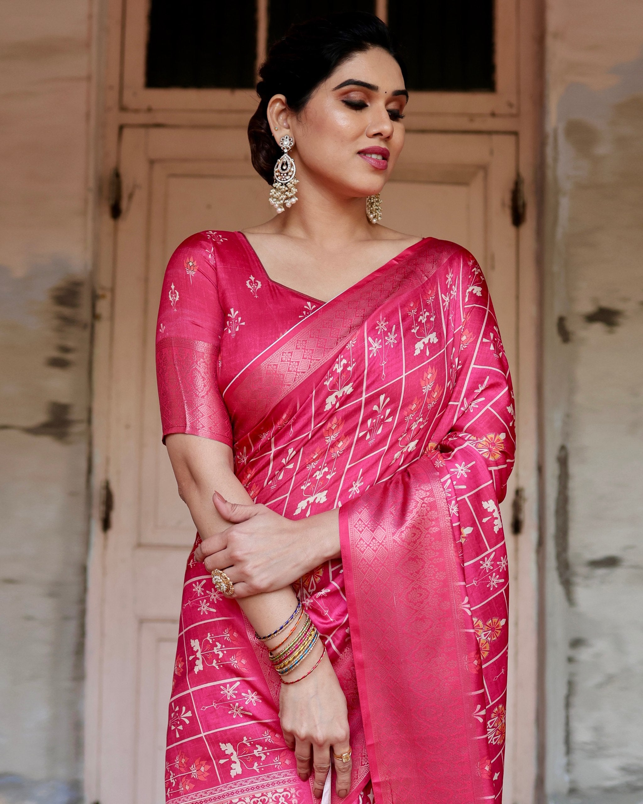 Pure Silk Digital Printed Pink Saree with Brocade Blouse Colorful Saree