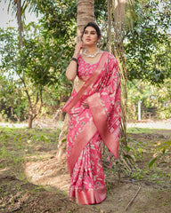 Pure Silk Digital Printed Pink Saree with Brocade Blouse Colorful Saree