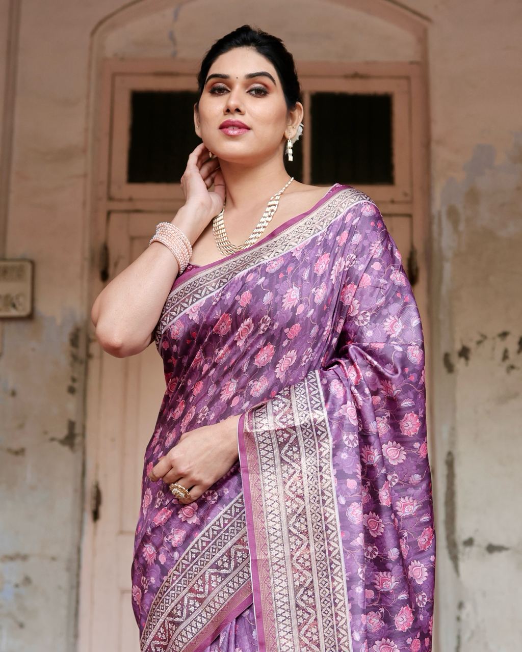 Pure Silk Digital Printed Pink Saree with Brocade Blouse Colorful Saree