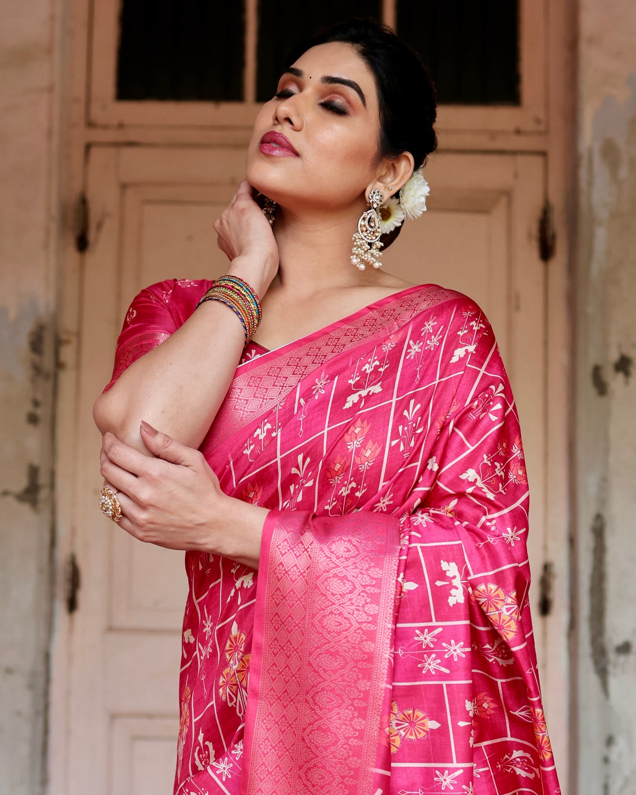 Pure Silk Digital Printed Pink Saree with Brocade Blouse Colorful Saree