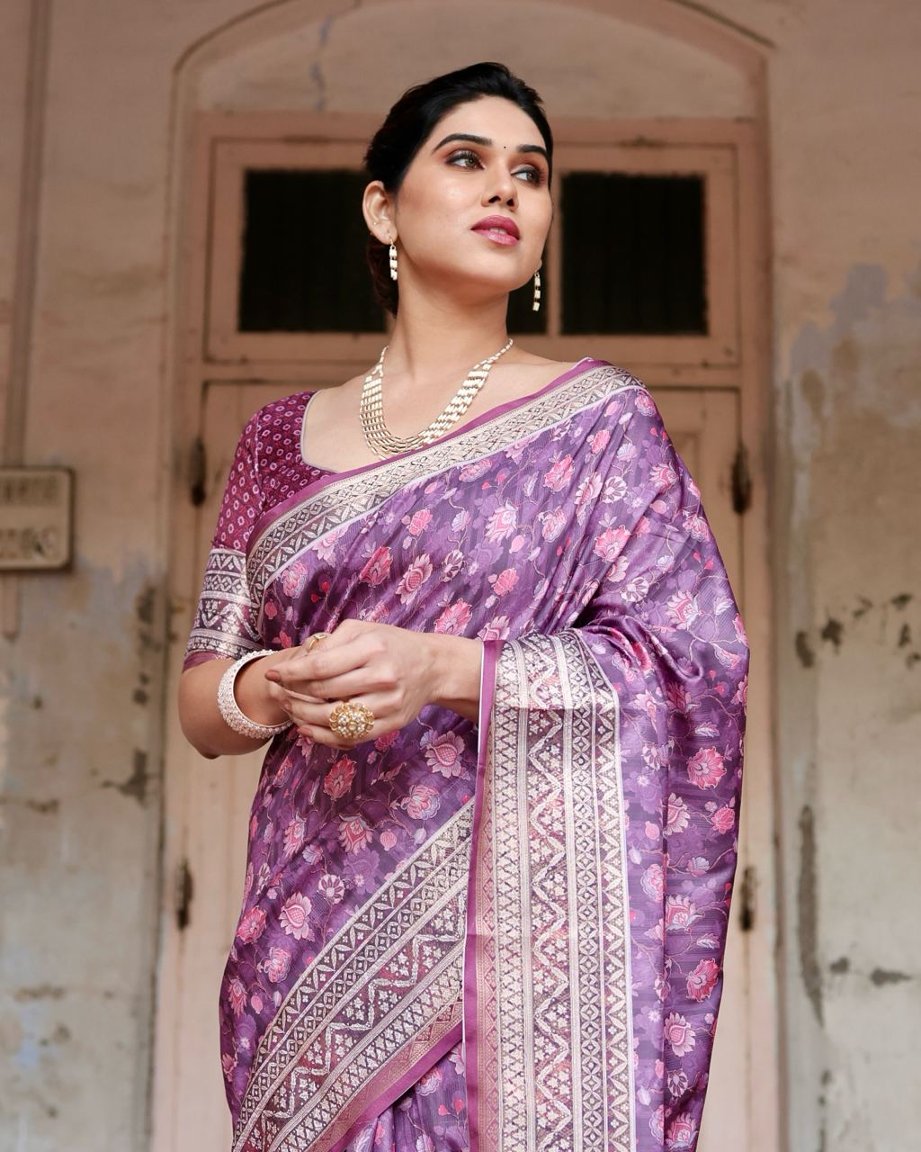 Pure Silk Digital Printed Pink Saree with Brocade Blouse Colorful Saree