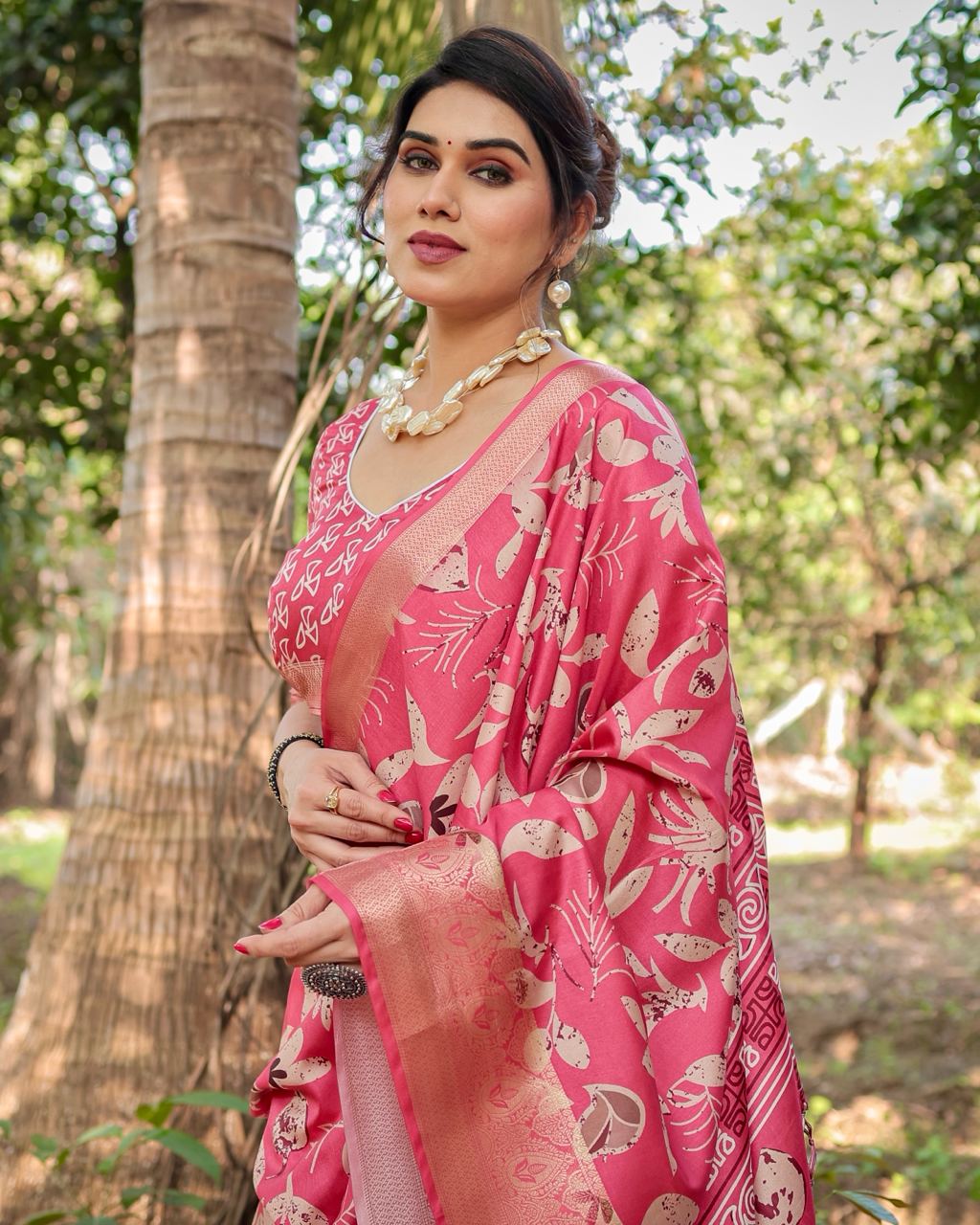 Pure Silk Digital Printed Pink Saree with Brocade Blouse Colorful Saree