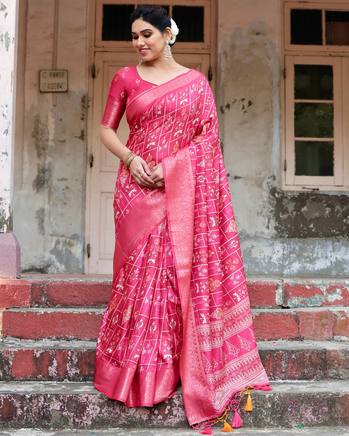 Pure Silk Digital Printed Pink Saree with Brocade Blouse Colorful Saree