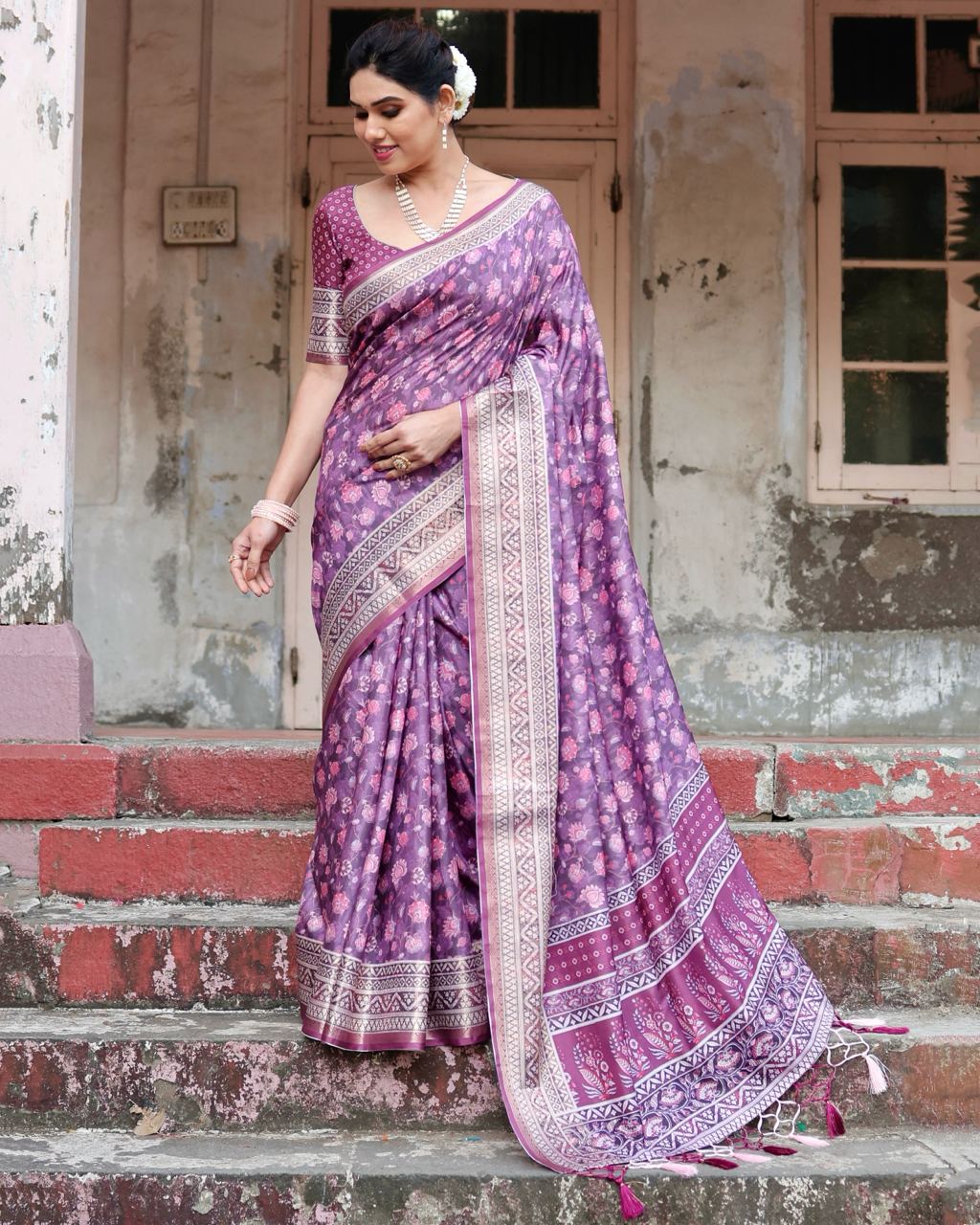 Pure Silk Digital Printed Pink Saree with Brocade Blouse Colorful Saree