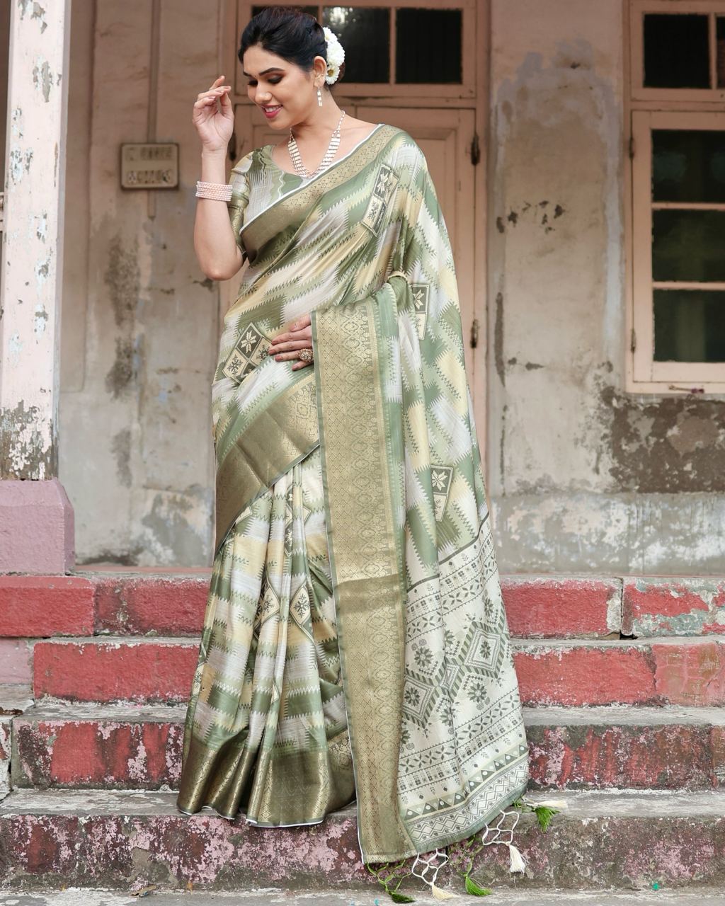 Pure Silk Digital Printed Pista Green Saree with Brocade Blouse Colorful Saree