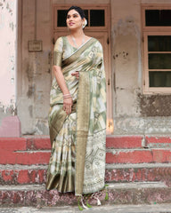 Pure Silk Digital Printed Pista Green Saree with Brocade Blouse Colorful Saree