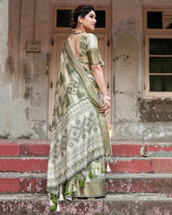 Pure Silk Digital Printed Pista Green Saree with Brocade Blouse Colorful Saree