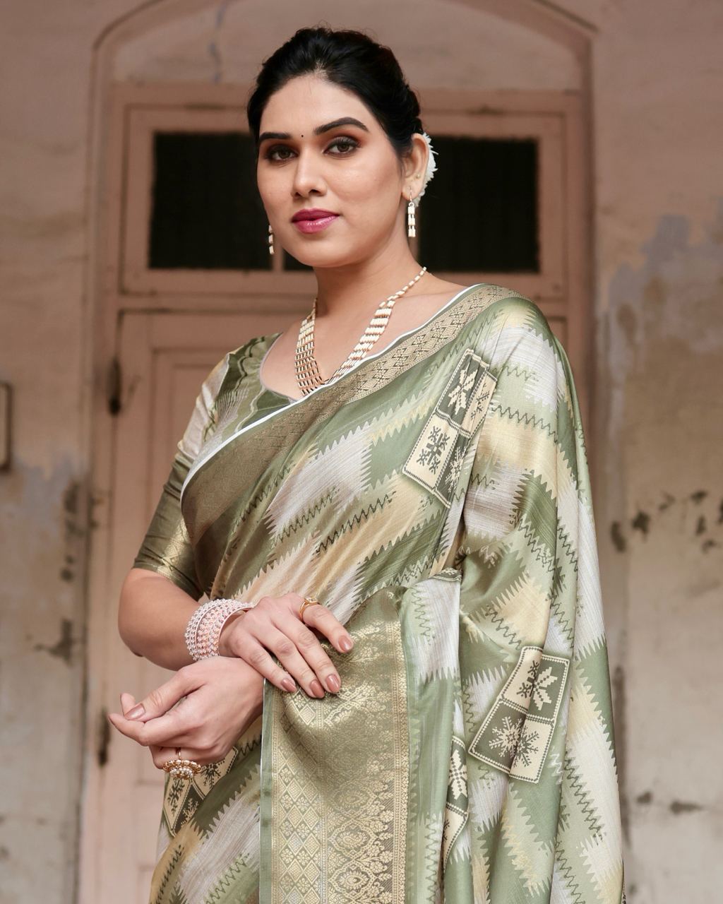 Pure Silk Digital Printed Pista Green Saree with Brocade Blouse Colorful Saree