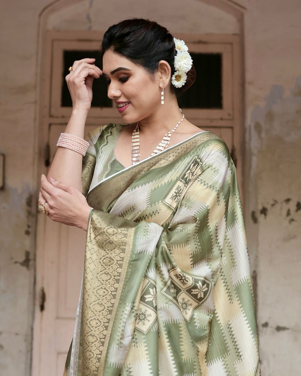 Pure Silk Digital Printed Pista Green Saree with Brocade Blouse Colorful Saree