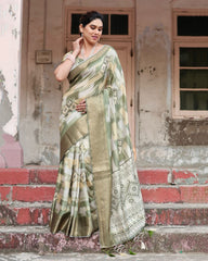 Pure Silk Digital Printed Pista Green Saree with Brocade Blouse Colorful Saree