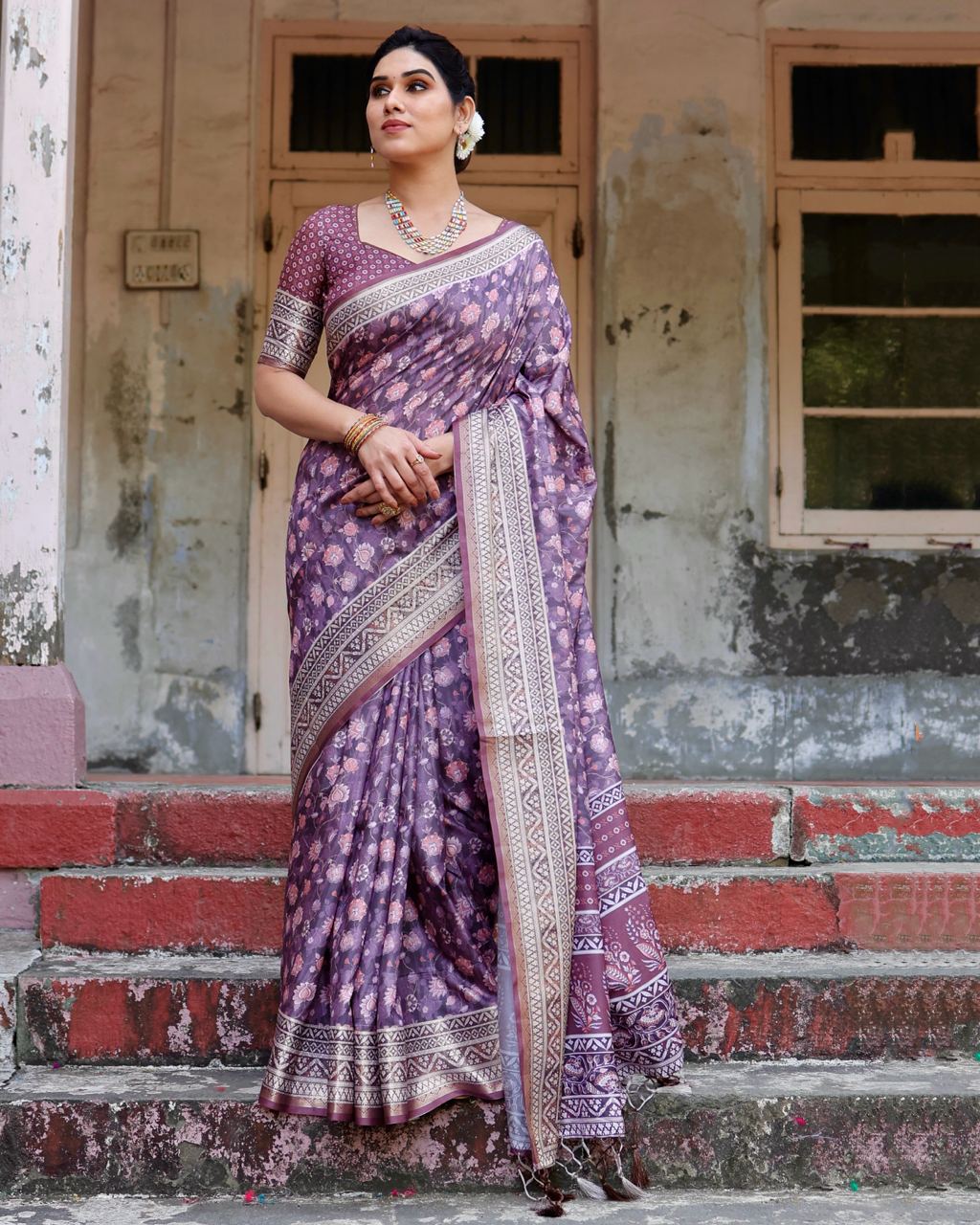 Pure Silk Digital Printed Purple Saree with Brocade Blouse Colorful Saree