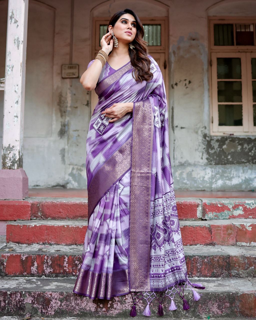 Pure Silk Digital Printed Purple Saree with Brocade Blouse Colorful Saree