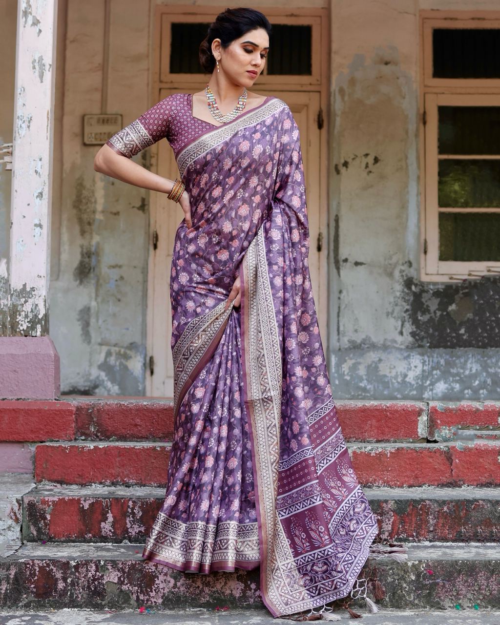 Pure Silk Digital Printed Purple Saree with Brocade Blouse Colorful Saree