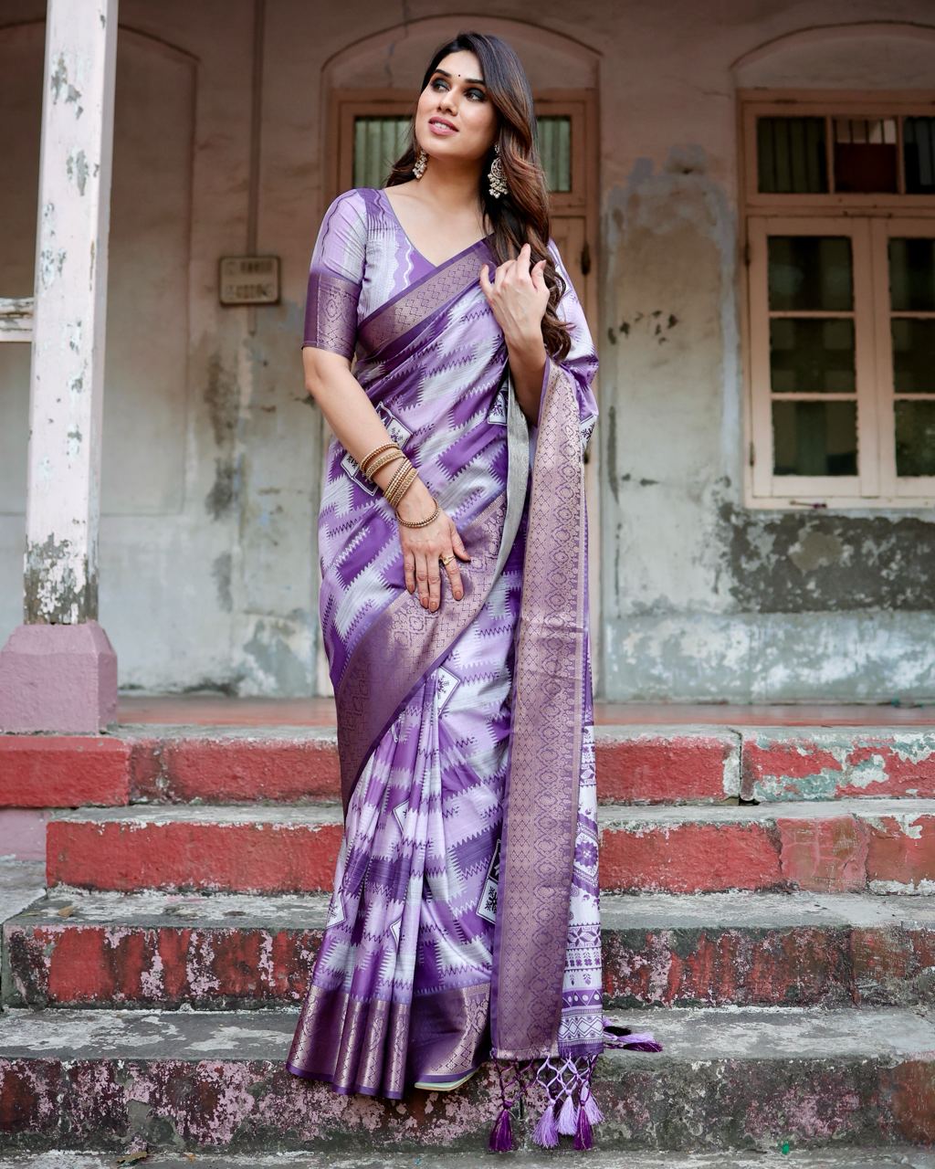 Pure Silk Digital Printed Purple Saree with Brocade Blouse Colorful Saree