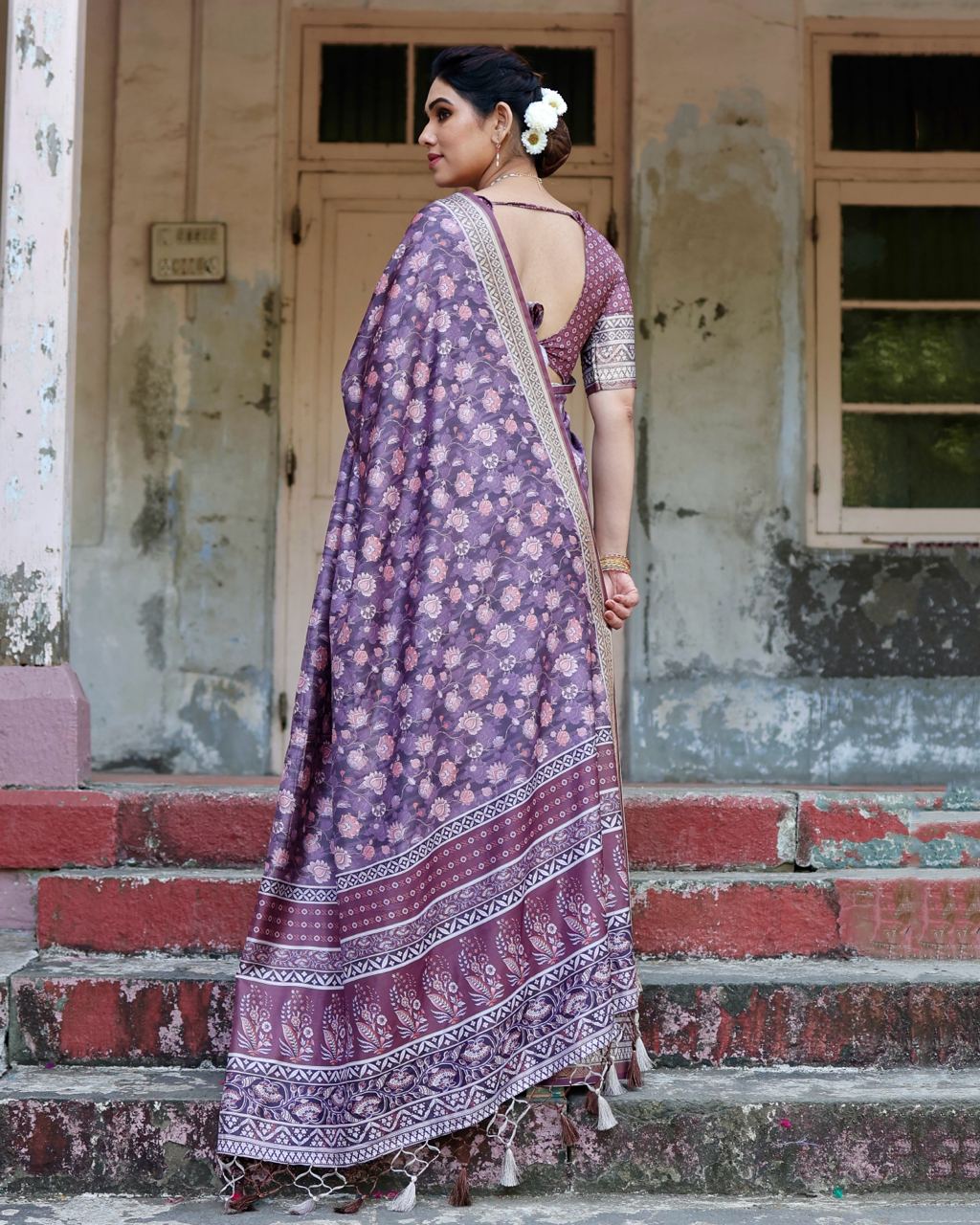 Pure Silk Digital Printed Purple Saree with Brocade Blouse Colorful Saree