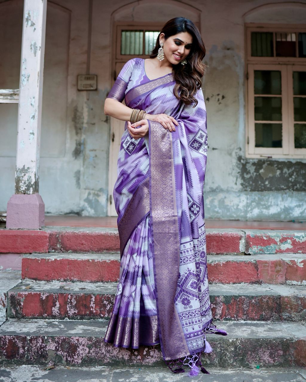 Pure Silk Digital Printed Purple Saree with Brocade Blouse Colorful Saree