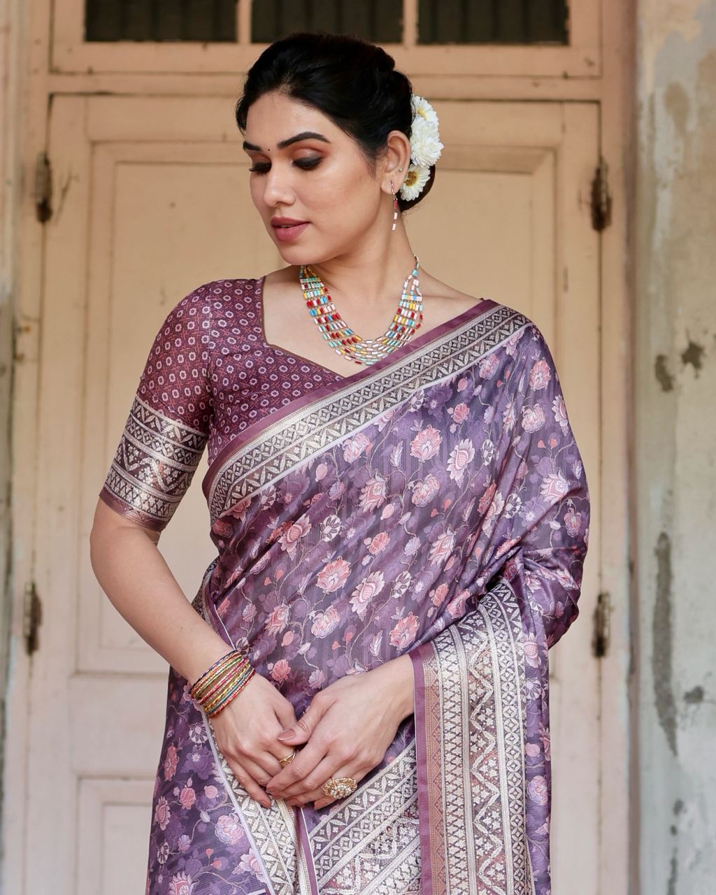 Pure Silk Digital Printed Purple Saree with Brocade Blouse Colorful Saree