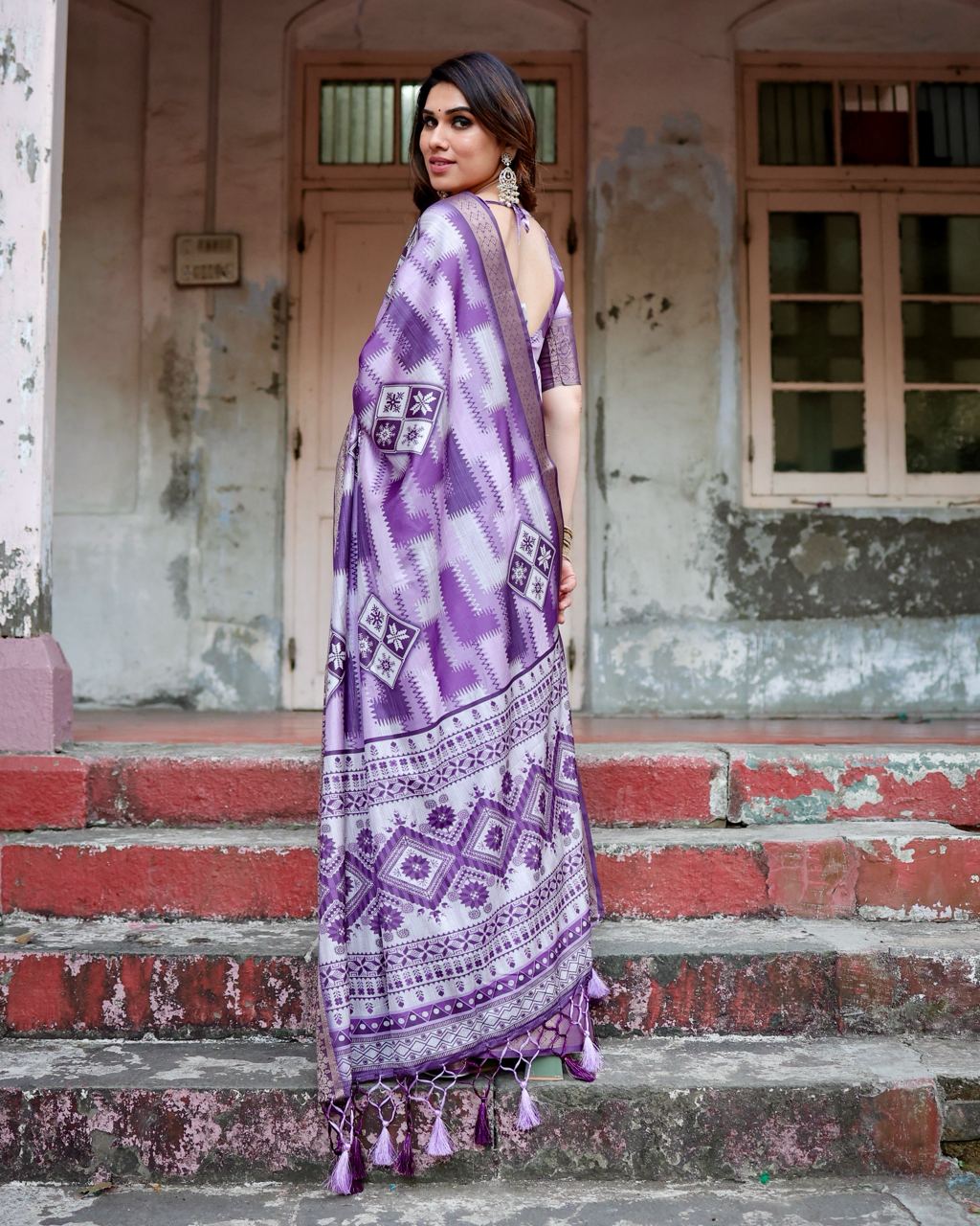 Pure Silk Digital Printed Purple Saree with Brocade Blouse Colorful Saree