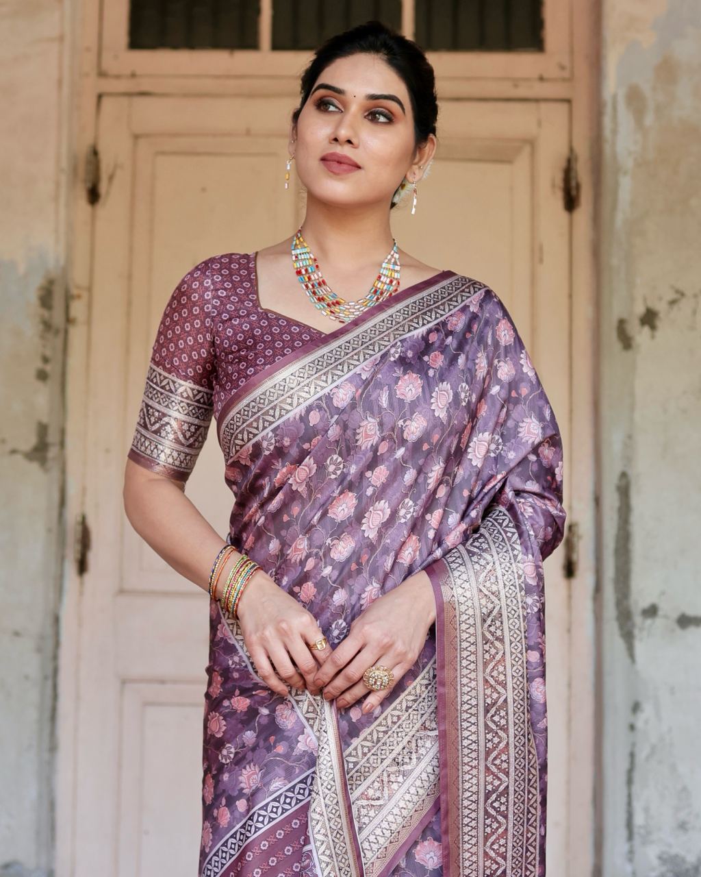 Pure Silk Digital Printed Purple Saree with Brocade Blouse Colorful Saree