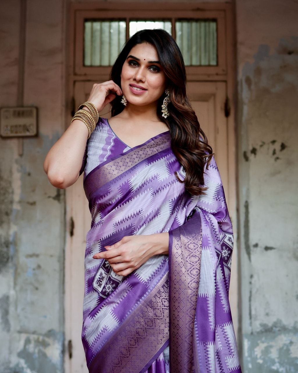 Pure Silk Digital Printed Purple Saree with Brocade Blouse Colorful Saree