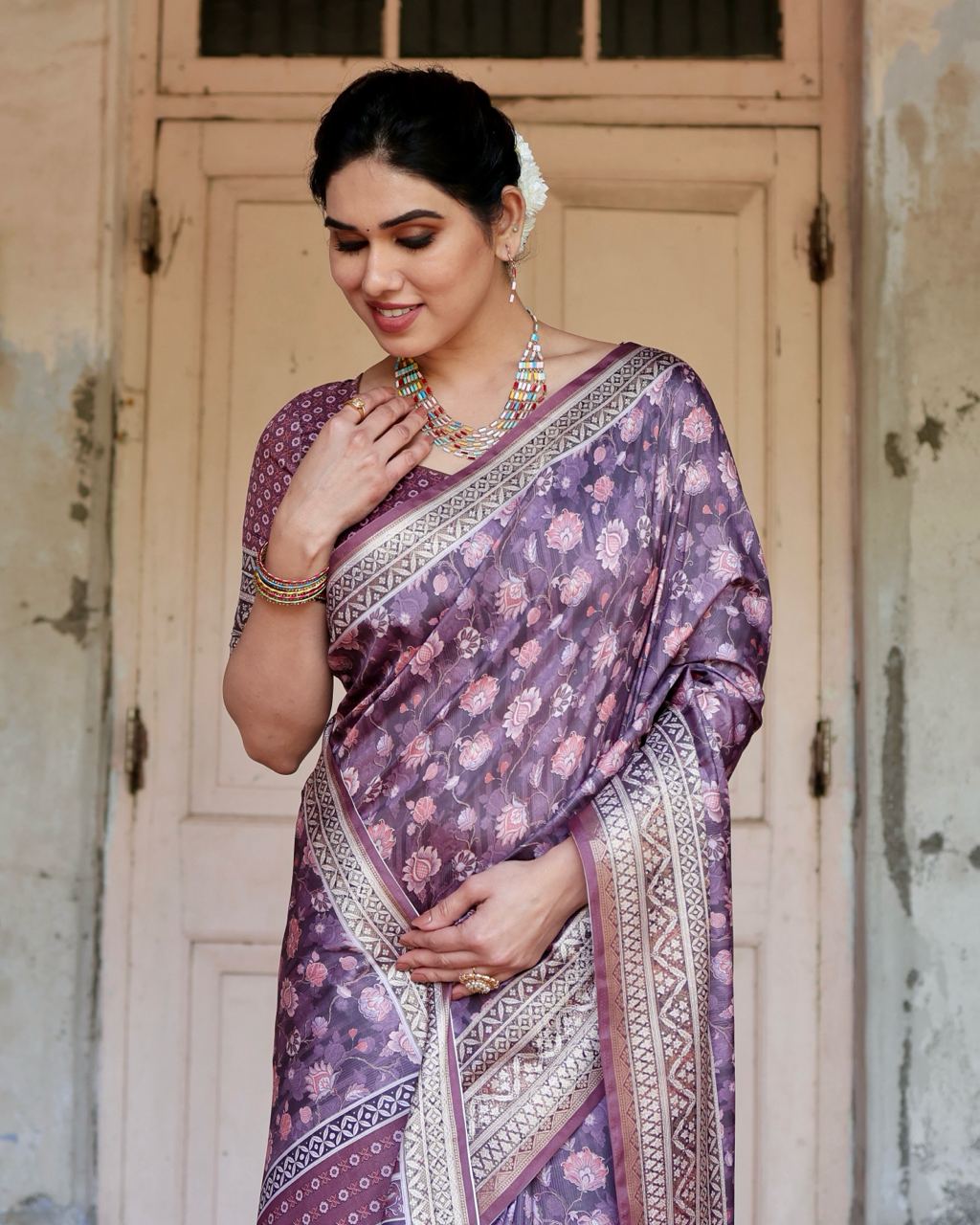 Pure Silk Digital Printed Purple Saree with Brocade Blouse Colorful Saree