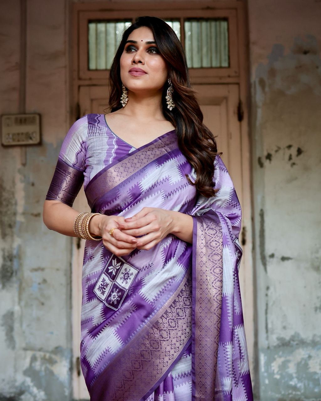 Pure Silk Digital Printed Purple Saree with Brocade Blouse Colorful Saree