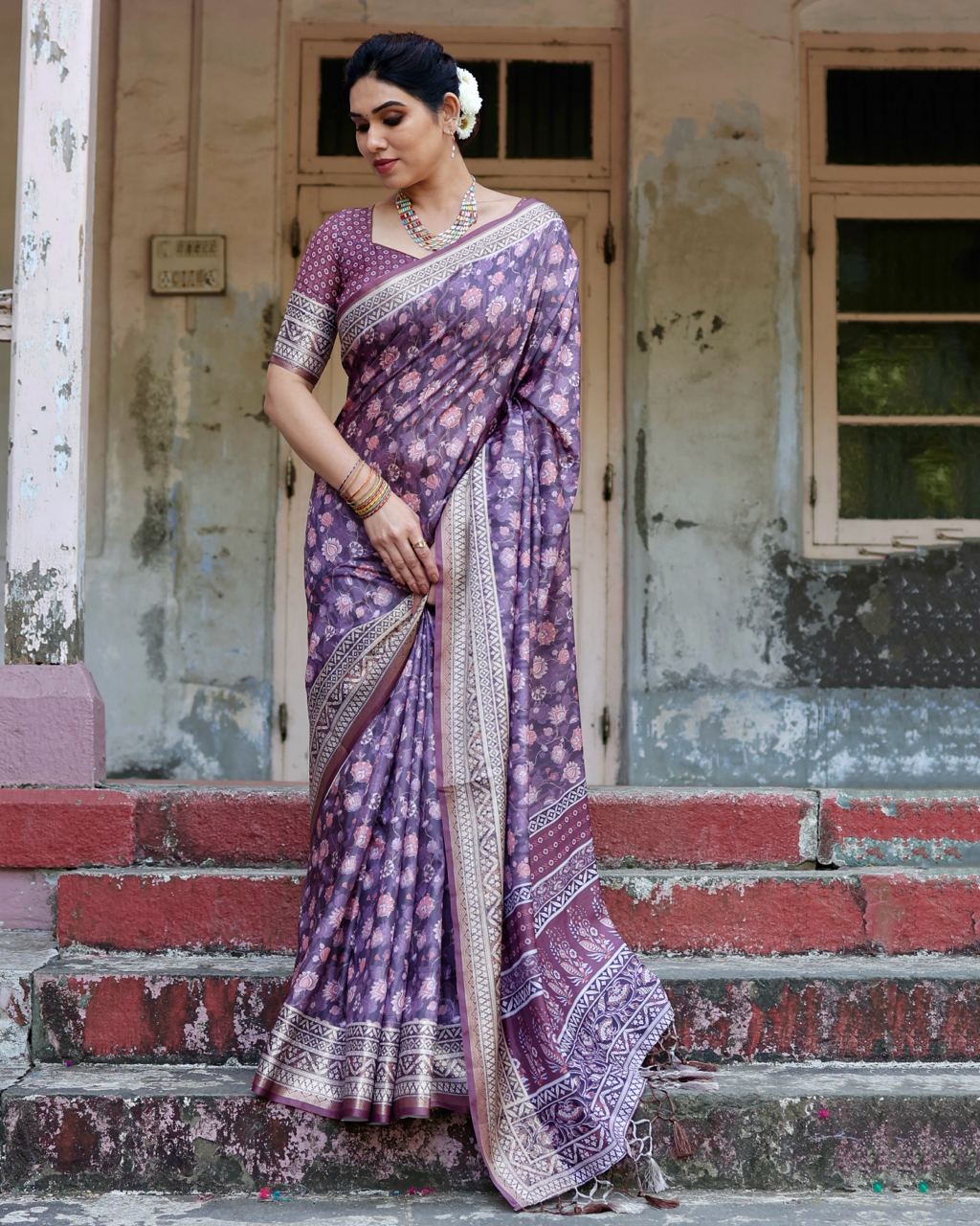 Pure Silk Digital Printed Purple Saree with Brocade Blouse Colorful Saree