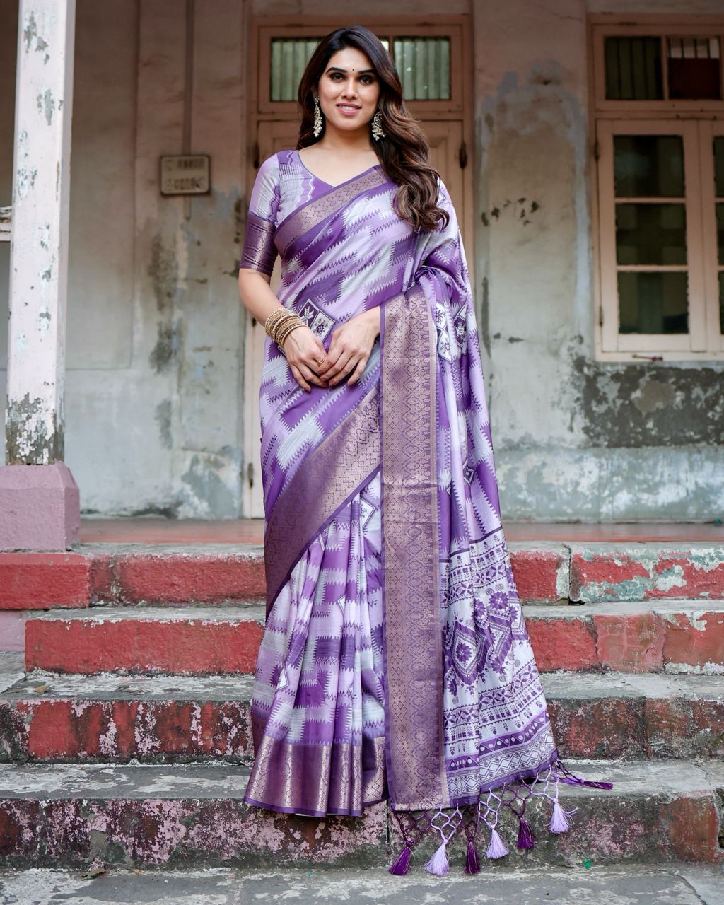 Pure Silk Digital Printed Purple Saree with Brocade Blouse Colorful Saree