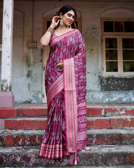 Pure Silk Digital Printed Rani Pink Saree with Brocade Blouse Colorful Saree