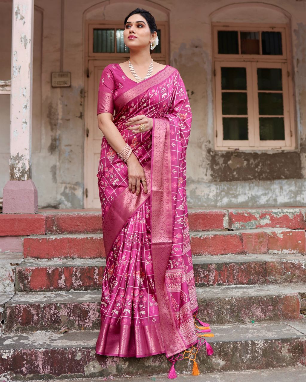 Pure Silk Digital Printed Rani Pink Saree with Brocade Blouse Colorful Saree