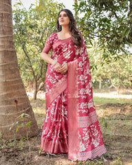 Pure Silk Digital Printed Rani Pink Saree with Brocade Blouse Colorful Saree