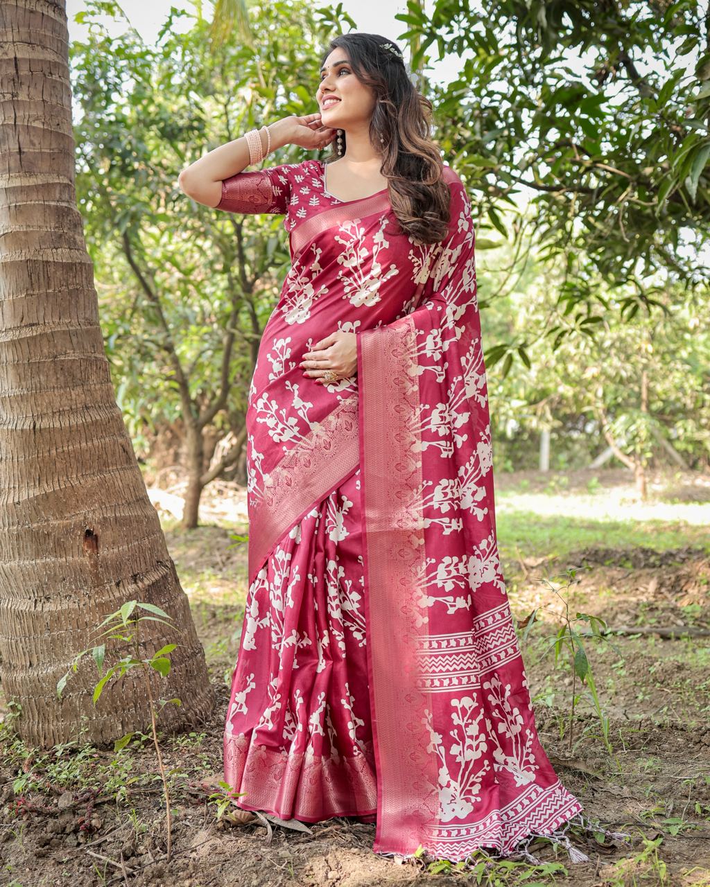 Pure Silk Digital Printed Rani Pink Saree with Brocade Blouse Colorful Saree