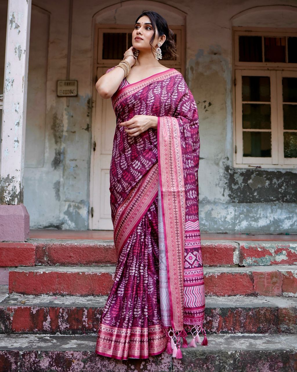 Pure Silk Digital Printed Rani Pink Saree with Brocade Blouse Colorful Saree