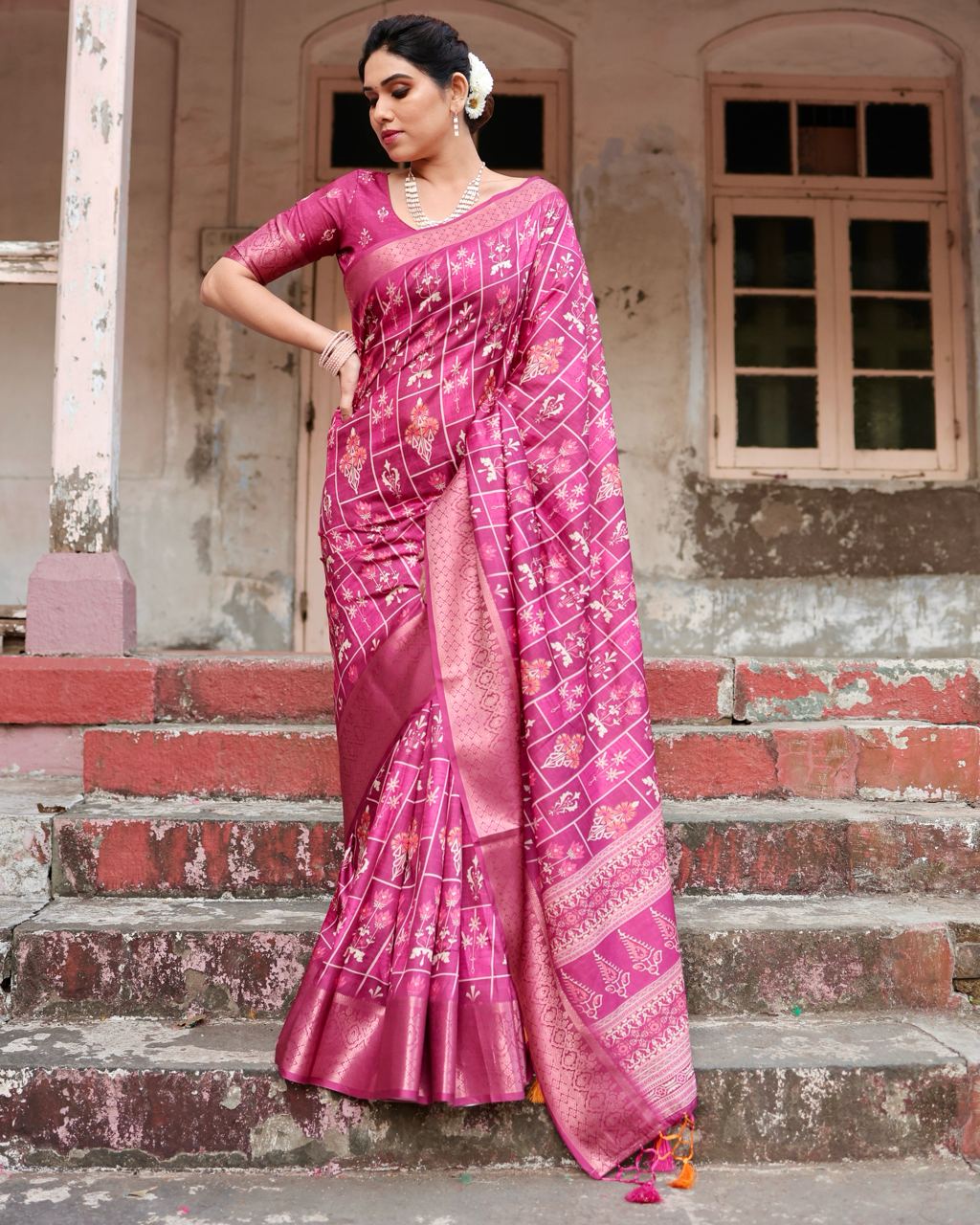 Pure Silk Digital Printed Rani Pink Saree with Brocade Blouse Colorful Saree