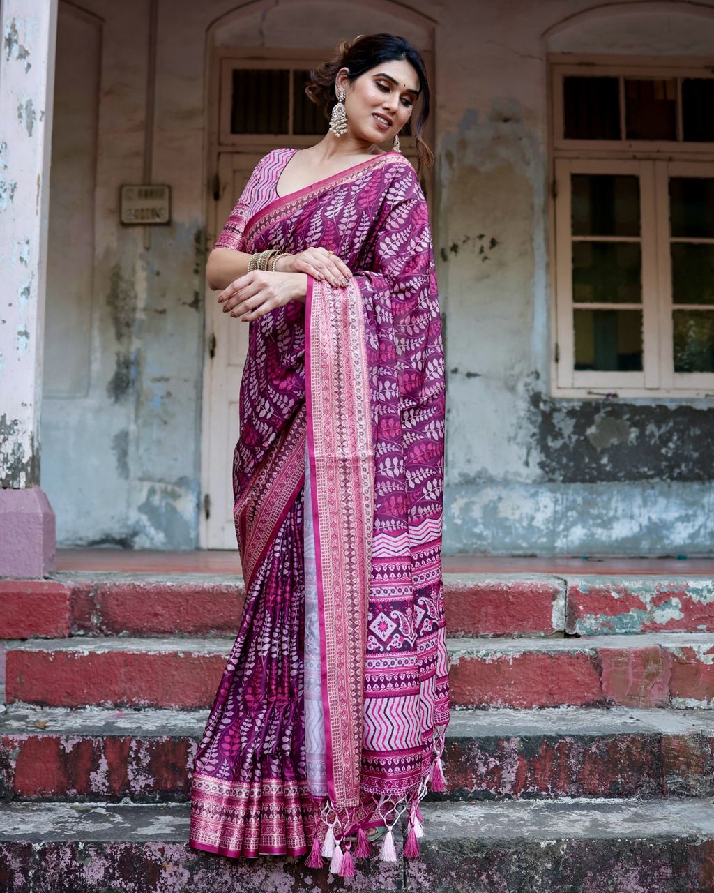 Pure Silk Digital Printed Rani Pink Saree with Brocade Blouse Colorful Saree