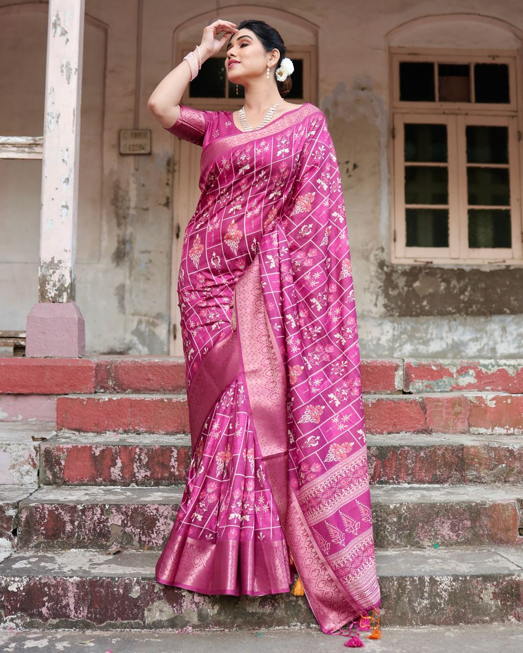 Pure Silk Digital Printed Rani Pink Saree with Brocade Blouse Colorful Saree