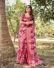 Pure Silk Digital Printed Rani Pink Saree with Brocade Blouse Colorful Saree